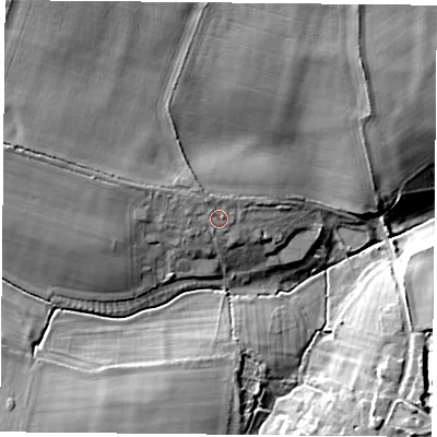 Shaded relief map of the ground around NN135RL, computed from Environment Agency LiDAR. The ground here sits at about 119 m above sea level and falls 16 m across the surrounding 800 m. Surface water reaching this point runs off ground lying to the north-west, 1.5 m higher.