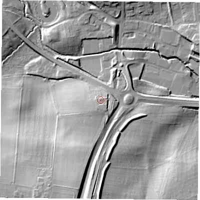 Shaded relief map of the ground around NN135RX, computed from Environment Agency LiDAR. The ground here sits at about 115 m above sea level and falls 30 m across the surrounding 800 m. Surface water reaching this point runs off ground lying to the south, 3.0 m higher.