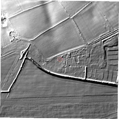Shaded relief map of the ground around NN135TD, computed from Environment Agency LiDAR. The ground here sits at about 133 m above sea level and falls 20 m across the surrounding 800 m. Surface water reaching this point runs off ground lying to the west, 3.7 m higher.