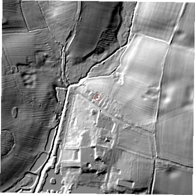 Shaded relief map of the ground around NN135TR, computed from Environment Agency LiDAR. The ground here sits at about 122 m above sea level and falls 21 m across the surrounding 800 m. Surface water reaching this point runs off ground lying to the east-south-east, 3.1 m higher.