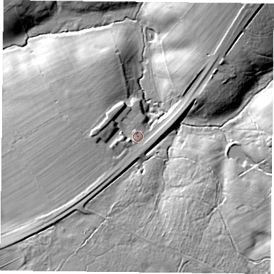 Shaded relief map of the ground around NN135TX, computed from Environment Agency LiDAR. The ground here sits at about 136 m above sea level and falls 20 m across the surrounding 800 m. Surface water reaching this point runs off ground lying to the south-west, 7.9 m higher.