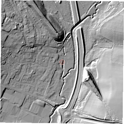 Shaded relief map of the ground around NN137AL, computed from Environment Agency LiDAR. The ground here sits at about 103 m above sea level and falls 26 m across the surrounding 800 m. Surface water reaching this point runs off ground lying to the north-west, 4.5 m higher.
