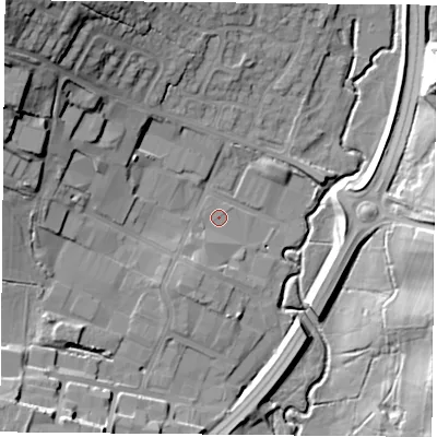 Shaded relief map of the ground around NN137EX, computed from Environment Agency LiDAR. The ground here sits at about 102 m above sea level and falls 30 m across the surrounding 800 m. Surface water reaching this point runs off ground lying to the south-south-west, 3.9 m higher.