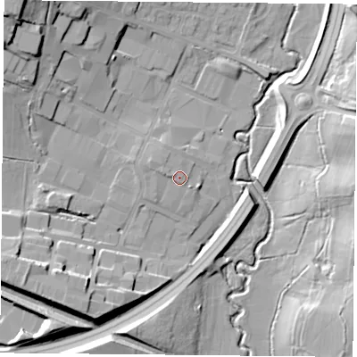 Shaded relief map of the ground around NN137EZ, computed from Environment Agency LiDAR. The ground here sits at about 105 m above sea level and falls 22 m across the surrounding 800 m. Surface water reaching this point runs off ground lying to the west-north-west, 1.3 m higher.