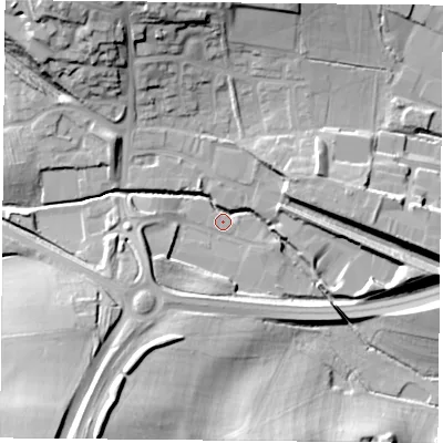 Shaded relief map of the ground around NN137RP, computed from Environment Agency LiDAR. The ground here sits at about 103 m above sea level and falls 25 m across the surrounding 800 m. Surface water reaching this point runs off ground lying to the north-north-west, 20.5 m higher.
