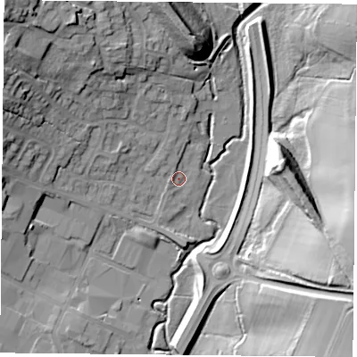 Shaded relief map of the ground around NN137XU, computed from Environment Agency LiDAR. The ground here sits at about 103 m above sea level and falls 25 m across the surrounding 800 m. Surface water reaching this point runs off ground lying to the north-north-west, 1.8 m higher.
