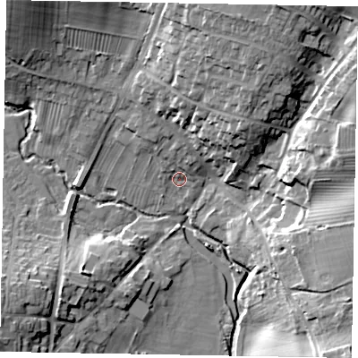 Shaded relief map of the ground around NN141AR, computed from Environment Agency LiDAR. The ground here sits at about 72 m above sea level and falls 22 m across the surrounding 800 m. Surface water reaching this point runs off ground lying to the north, 3.9 m higher.