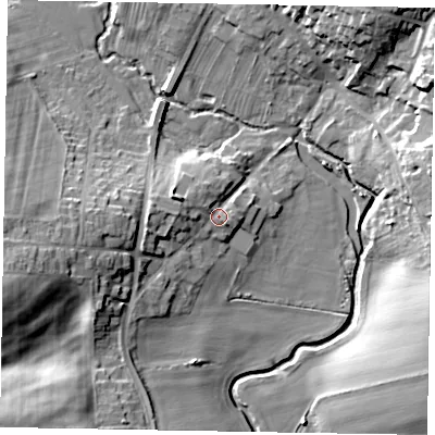 Shaded relief map of the ground around NN141AZ, computed from Environment Agency LiDAR. The ground here sits at about 75 m above sea level and falls 19 m across the surrounding 800 m. Surface water reaching this point runs off ground lying to the west-north-west, 4.1 m higher.