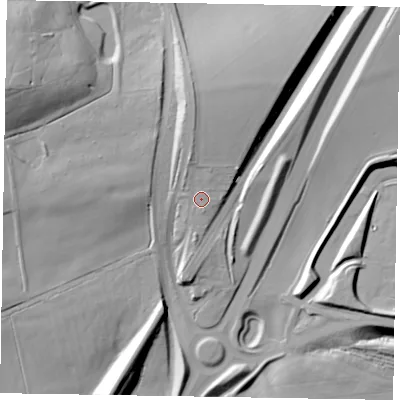 Shaded relief map of the ground around NN141BN, computed from Environment Agency LiDAR. The ground here sits at about 101 m above sea level and falls 37 m across the surrounding 800 m. Surface water reaching this point runs off ground lying to the north, 10.7 m higher.