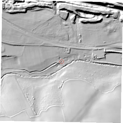 Shaded relief map of the ground around NN141BX, computed from Environment Agency LiDAR. The ground here sits at about 64 m above sea level and falls 33 m across the surrounding 800 m. Surface water reaching this point runs off ground lying to the west-north-west, 20.3 m higher.