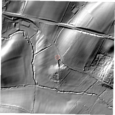Shaded relief map of the ground around NN141DZ, computed from Environment Agency LiDAR. The ground here sits at about 60 m above sea level and falls 31 m across the surrounding 800 m. Surface water reaching this point runs off ground lying to the north-east, 14.0 m higher.