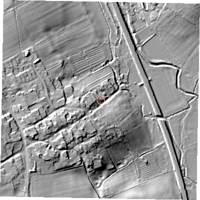 Shaded relief map of the ground around NN141HN, computed from Environment Agency LiDAR. The ground here sits at about 61 m above sea level and falls 27 m across the surrounding 800 m. Surface water reaching this point runs off ground lying to the west-south-west, 18.0 m higher.