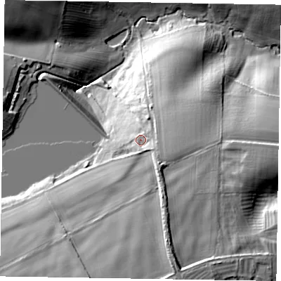 Shaded relief map of the ground around NN141JR, computed from Environment Agency LiDAR. The ground here sits at about 108 m above sea level and falls 38 m across the surrounding 800 m. Surface water reaching this point runs off ground lying to the south-east, 8.0 m higher.