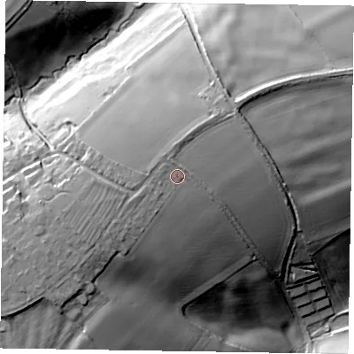 Shaded relief map of the ground around NN141JX, computed from Environment Agency LiDAR. The ground here sits at about 125 m above sea level and falls 38 m across the surrounding 800 m. Surface water reaching this point runs off ground lying to the west-south-west, 1.6 m higher.
