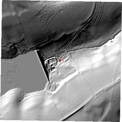 Shaded relief map of the ground around NN141PR, computed from Environment Agency LiDAR. The ground here sits at about 80 m above sea level and falls 39 m across the surrounding 800 m. Surface water reaching this point runs off ground lying to the south-east, 28.6 m higher.