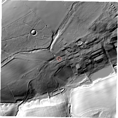 Shaded relief map of the ground around NN141PX, computed from Environment Agency LiDAR. The ground here sits at about 108 m above sea level and falls 35 m across the surrounding 800 m. Surface water reaching this point runs off ground lying to the west-north-west, 16.9 m higher.