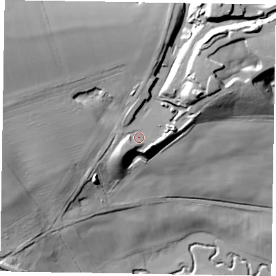 Shaded relief map of the ground around NN141QT, computed from Environment Agency LiDAR. The ground here sits at about 105 m above sea level and falls 48 m across the surrounding 800 m. Surface water reaching this point runs off ground lying to the west-south-west, 3.9 m higher.