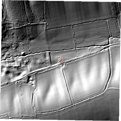 Shaded relief map of the ground around NN141QY, computed from Environment Agency LiDAR. The ground here sits at about 105 m above sea level and falls 31 m across the surrounding 800 m. Surface water reaching this point runs off ground lying to the south-south-west, 23.1 m higher.