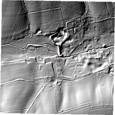 Shaded relief map of the ground around NN141QZ, computed from Environment Agency LiDAR. The ground here sits at about 110 m above sea level and falls 26 m across the surrounding 800 m. Surface water reaching this point runs off ground lying to the south-west, 21.6 m higher.