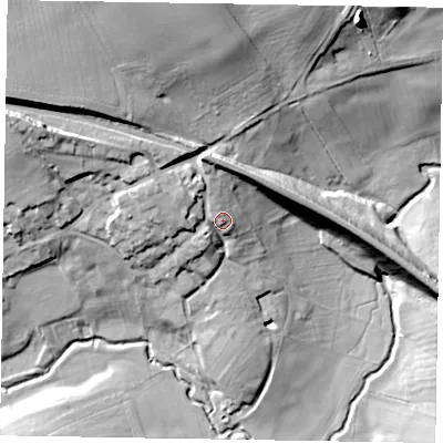 Shaded relief map of the ground around NN141RH, computed from Environment Agency LiDAR. The ground here sits at about 97 m above sea level and falls 35 m across the surrounding 800 m. Surface water reaching this point runs off ground lying to the west-north-west, 7.1 m higher.