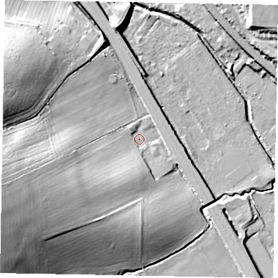 Shaded relief map of the ground around NN141RW, computed from Environment Agency LiDAR. The ground here sits at about 62 m above sea level and falls 29 m across the surrounding 800 m. Surface water reaching this point runs off ground lying to the west-south-west, 25.1 m higher.