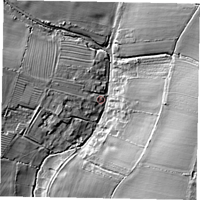 Shaded relief map of the ground around NN143AA, computed from Environment Agency LiDAR. The ground here sits at about 89 m above sea level and falls 14 m across the surrounding 800 m. Surface water reaching this point runs off ground lying to the west, 6.3 m higher.