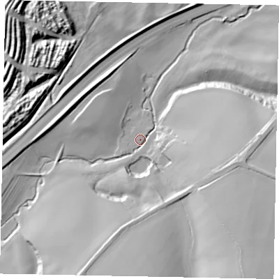 Shaded relief map of the ground around NN143AN, computed from Environment Agency LiDAR. The ground here sits at about 44 m above sea level and falls 30 m across the surrounding 800 m. Surface water reaching this point runs off ground lying to the south-east, 28.4 m higher.
