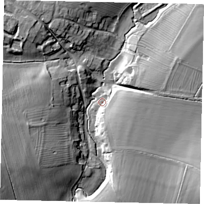 Shaded relief map of the ground around NN143AW, computed from Environment Agency LiDAR. The ground here sits at about 39 m above sea level and falls 20 m across the surrounding 800 m. Surface water reaching this point runs off ground lying to the south-east, 10.5 m higher.