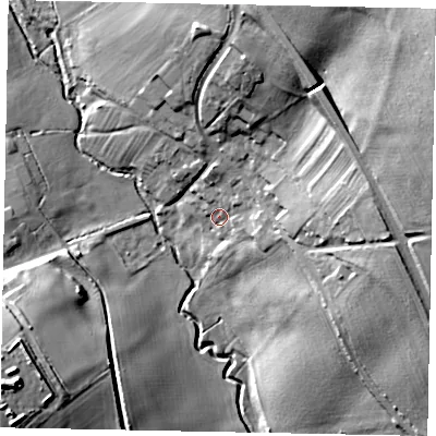 Shaded relief map of the ground around NN143BE, computed from Environment Agency LiDAR. The ground here sits at about 40 m above sea level and falls 35 m across the surrounding 800 m. Surface water reaching this point runs off ground lying to the north-east, 28.6 m higher.