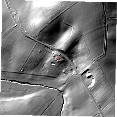 Shaded relief map of the ground around NN143BS, computed from Environment Agency LiDAR. The ground here sits at about 55 m above sea level and falls 36 m across the surrounding 800 m. Surface water reaching this point runs off ground lying to the north-north-east, 4.5 m higher.