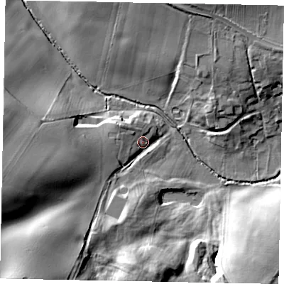 Shaded relief map of the ground around NN143BW, computed from Environment Agency LiDAR. The ground here sits at about 44 m above sea level and falls 30 m across the surrounding 800 m. Surface water reaching this point runs off ground lying to the south-west, 28.3 m higher.