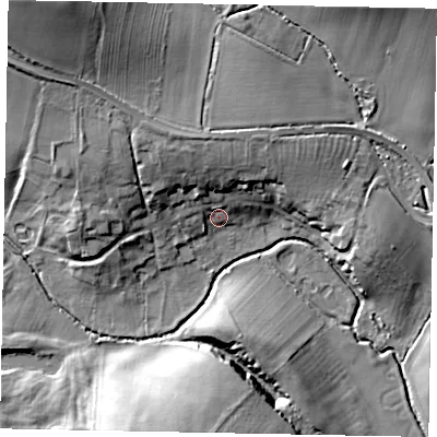 Shaded relief map of the ground around NN143BX, computed from Environment Agency LiDAR. The ground here sits at about 41 m above sea level and falls 24 m across the surrounding 800 m. Surface water reaching this point runs off ground lying to the north-north-west, 10.0 m higher.