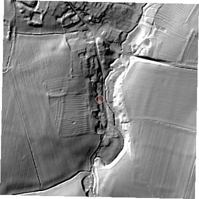 Shaded relief map of the ground around NN143DL, computed from Environment Agency LiDAR. The ground here sits at about 39 m above sea level and falls 18 m across the surrounding 800 m. Surface water reaching this point runs off ground lying to the west-south-west, 17.4 m higher.