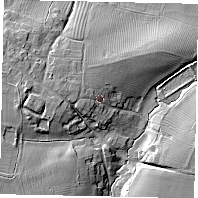 Shaded relief map of the ground around NN143DN, computed from Environment Agency LiDAR. The ground here sits at about 47 m above sea level and falls 23 m across the surrounding 800 m. Surface water reaching this point runs off ground lying to the west-north-west, 5.1 m higher.