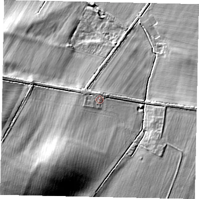 Shaded relief map of the ground around NN143DP, computed from Environment Agency LiDAR. The ground here sits at about 42 m above sea level and falls 30 m across the surrounding 800 m. Surface water reaching this point runs off ground lying to the south-west, 23.2 m higher.