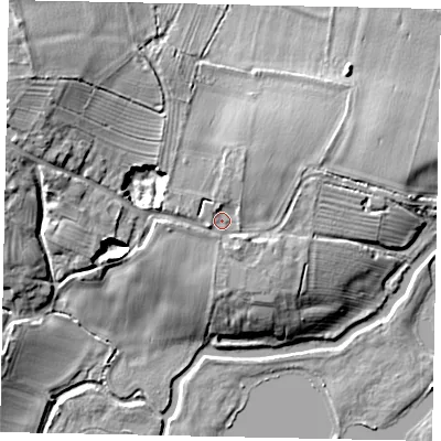 Shaded relief map of the ground around NN143EA, computed from Environment Agency LiDAR. The ground here sits at about 33 m above sea level and falls 15 m across the surrounding 800 m. Surface water reaching this point runs off ground lying to the west, 1.8 m higher.