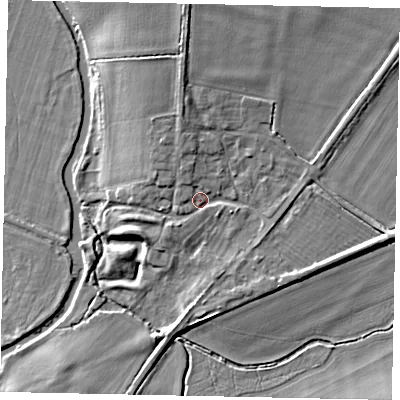 Shaded relief map of the ground around NN143ED, computed from Environment Agency LiDAR. The ground here sits at about 29 m above sea level and falls 7 m across the surrounding 800 m. Surface water reaching this point runs off ground lying to the north, 4.4 m higher.