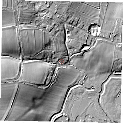 Shaded relief map of the ground around NN143EE, computed from Environment Agency LiDAR. The ground here sits at about 30 m above sea level and falls 18 m across the surrounding 800 m. Surface water reaching this point runs off ground lying to the west-south-west, 13.9 m higher.