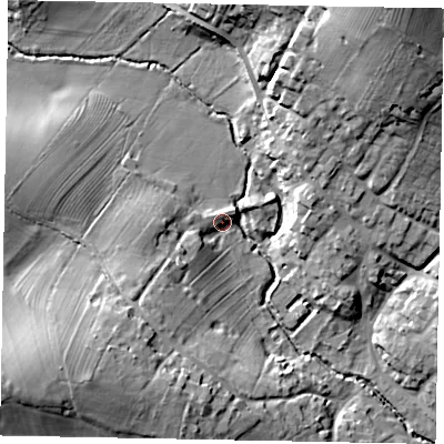 Shaded relief map of the ground around NN143ET, computed from Environment Agency LiDAR. The ground here sits at about 55 m above sea level and falls 28 m across the surrounding 800 m. Surface water reaching this point runs off ground lying to the south-west, 16.3 m higher.