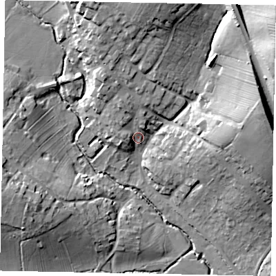 Shaded relief map of the ground around NN143EX, computed from Environment Agency LiDAR. The ground here sits at about 55 m above sea level and falls 29 m across the surrounding 800 m. Surface water reaching this point runs off ground lying to the north-north-west, 5.7 m higher.