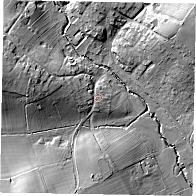 Shaded relief map of the ground around NN143EY, computed from Environment Agency LiDAR. The ground here sits at about 56 m above sea level and falls 22 m across the surrounding 800 m. Surface water reaching this point runs off ground lying to the west, 3.4 m higher.