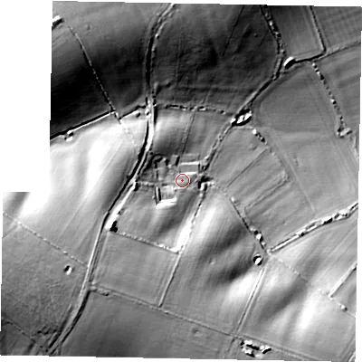 Shaded relief map of the ground around NN143FE, computed from Environment Agency LiDAR. The ground here sits at about 63 m above sea level and falls 33 m across the surrounding 800 m. Surface water reaching this point runs off ground lying to the south-west, 19.6 m higher.