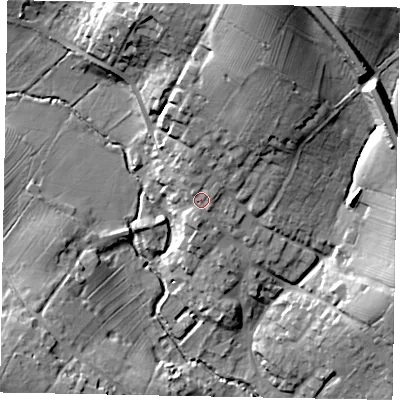 Shaded relief map of the ground around NN143HA, computed from Environment Agency LiDAR. The ground here sits at about 60 m above sea level and falls 30 m across the surrounding 800 m. Surface water reaching this point runs off ground lying to the north-north-east, 17.9 m higher.