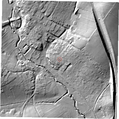Shaded relief map of the ground around NN143HF, computed from Environment Agency LiDAR. The ground here sits at about 56 m above sea level and falls 31 m across the surrounding 800 m. Surface water reaching this point runs off ground lying to the east-north-east, 6.5 m higher.