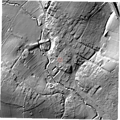 Shaded relief map of the ground around NN143HG, computed from Environment Agency LiDAR. The ground here sits at about 57 m above sea level and falls 24 m across the surrounding 800 m. Surface water reaching this point runs off ground lying to the north, 4.3 m higher.