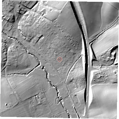 Shaded relief map of the ground around NN143HL, computed from Environment Agency LiDAR. The ground here sits at about 54 m above sea level and falls 24 m across the surrounding 800 m. Surface water reaching this point runs off ground lying to the north-north-east, 8.9 m higher.