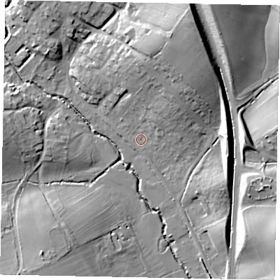 Shaded relief map of the ground around NN143HP, computed from Environment Agency LiDAR. The ground here sits at about 53 m above sea level and falls 25 m across the surrounding 800 m. Surface water reaching this point runs off ground lying to the north-east, 8.8 m higher.