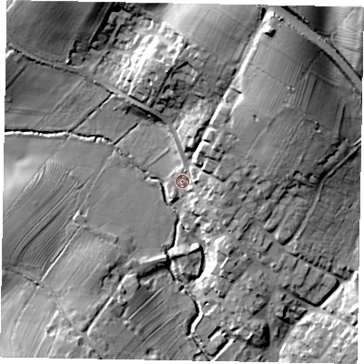 Shaded relief map of the ground around NN143HX, computed from Environment Agency LiDAR. The ground here sits at about 56 m above sea level and falls 32 m across the surrounding 800 m. Surface water reaching this point runs off ground lying to the north-east, 24.4 m higher.