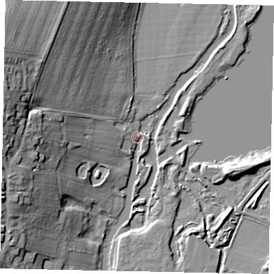 Shaded relief map of the ground around NN143JN, computed from Environment Agency LiDAR. The ground here sits at about 29 m above sea level and falls 25 m across the surrounding 800 m. Surface water reaching this point runs off ground lying to the west, 17.6 m higher.
