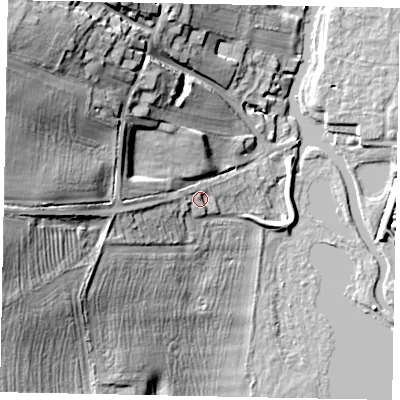 Shaded relief map of the ground around NN143JT, computed from Environment Agency LiDAR. The ground here sits at about 34 m above sea level and falls 31 m across the surrounding 800 m. Surface water reaching this point runs off ground lying to the west, 4.0 m higher.